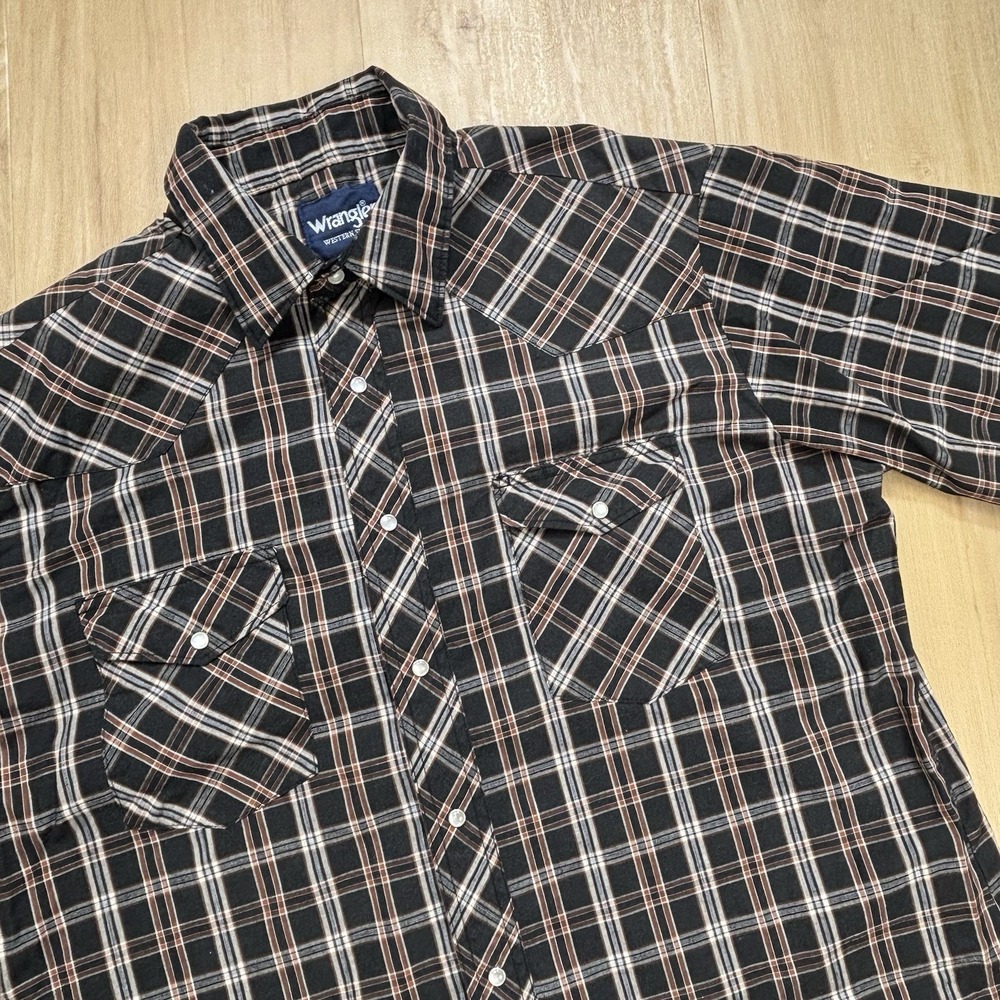 VTG Wranglers Men Short Sleeve Plaid Button Up Large Brown 90s Pearl Snap Rodeo